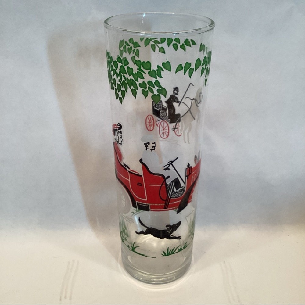 Vintage The Good Old Days Tall Glass Mid Century Early Car Barware Red Green Blk